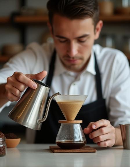 Ein Barista konzentriert sich beim Aufgießen eines Filterkaffees.