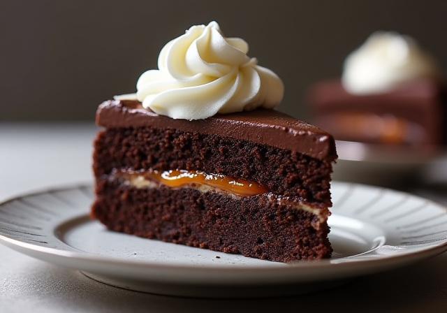 Ein perfekt glasiertes Stück Sachertorte mit einem Klecks Sahne.